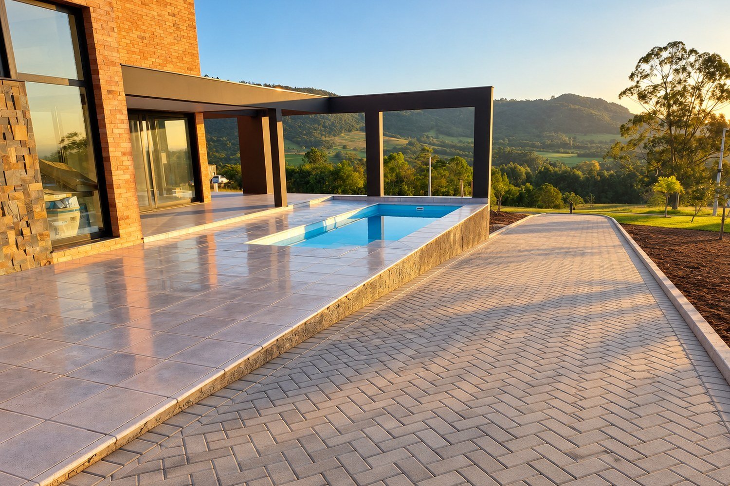 Área de lazer residencial com piso intertravado e deck de piscina
