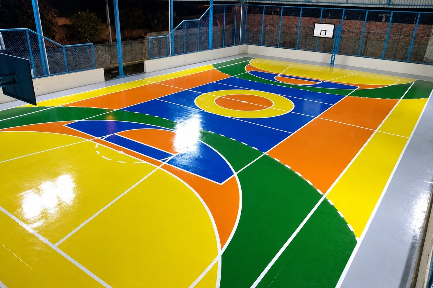 Quadra poliesportiva com piso emborrachado colorido
