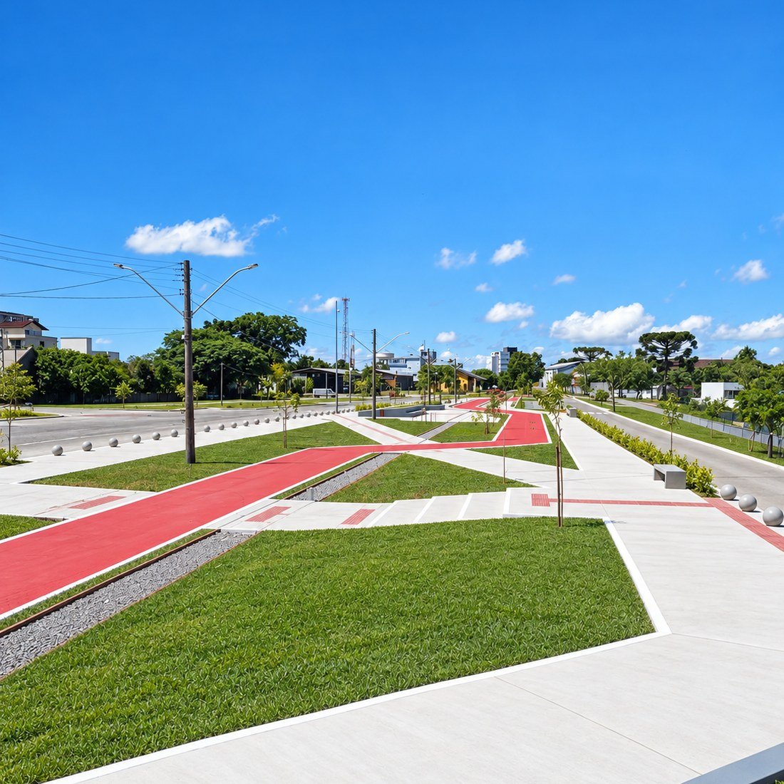 Obra de urbanização com passeios, ciclovia e canteiros