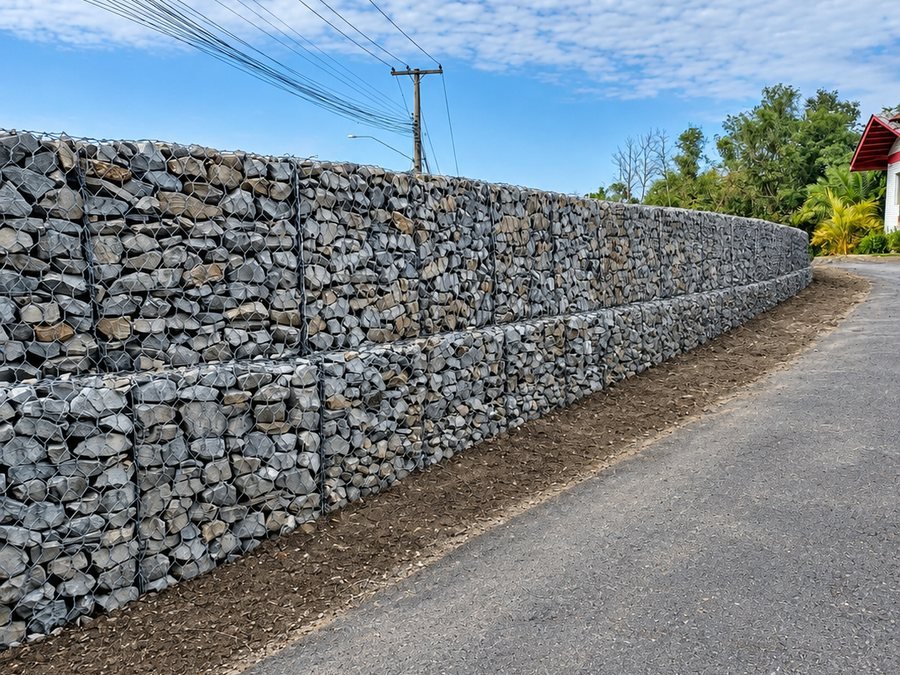 Muro de gabião executado em via